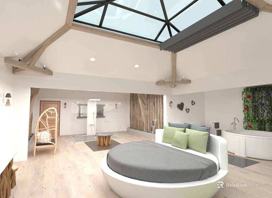 Modern Hotel Room Interior Design With Round Bed Skylight Wooden Flooring And Green Plants 3d model 