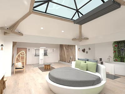 Modern Hotel Room Interior Design With Round Bed Skylight Wooden Flooring And Green Plants 3d model