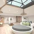 Modern Hotel Room Interior Design With Round Bed Skylight Wooden Flooring And Green Plants