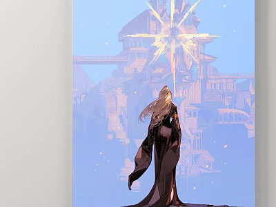 Abstract Painting Showing Blonde Woman's Back Facing Radiant Star Shaped Structure Blue Sky Light Spots 3d model