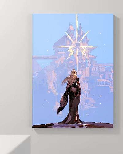Abstract Painting Showing Blonde Woman's Back Facing Radiant Star Shaped Structure Blue Sky Light Spots 3d model
