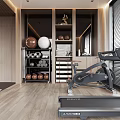 Modern Entertainment Room With Spin Bike Dumbbells Yoga Balls Shelves And Wooden Flooring