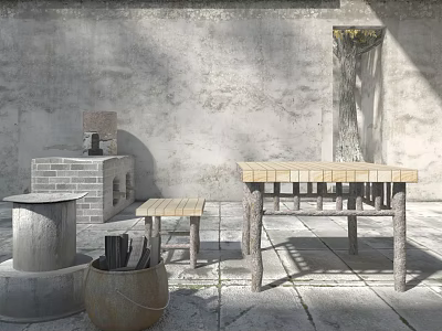 Rustic Wooden Table and Chair Set with Stone Stove Gray Wall Tree Branch Stone Floor 3d model