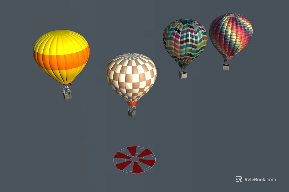 Vibrant Amusement Rides Including Hot Air Balloons With Diverse Patterns And Red White Canopy 3d model 