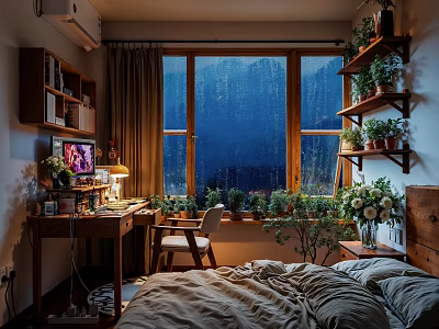 Cozy Kids Room With Mountain View Window Desk Chair Shelves And Green Plants 3d model