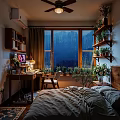 Cozy Kids Room With Mountain View Window Desk Chair Shelves And Green Plants