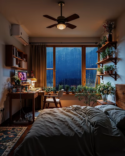 Cozy Kids Room With Mountain View Window Desk Chair Shelves And Green Plants 3d model