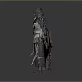 Fantasy Female Warrior In Feathered Cloak With Large Wooden Structure And Glowing Swords
