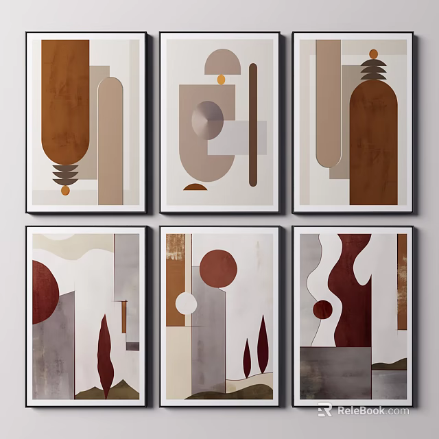 Six Panel Modern Abstract Wall Art with Geometric Shapes and Neutral Tones 3d model