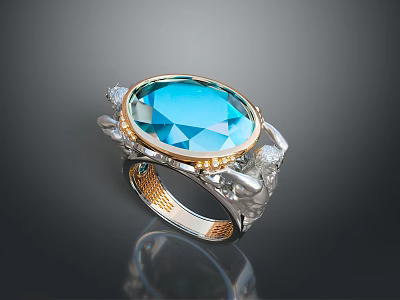 Elegant Oval Blue Gemstone Ring With Gold Silver Setting And Crystal Accents 3d model
