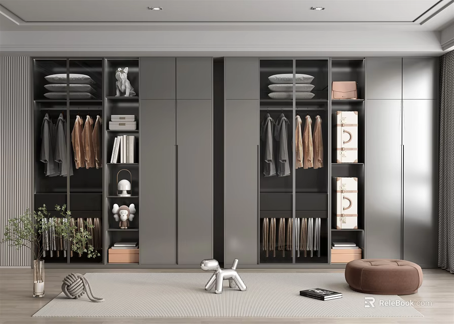 Modern Wardrobe Interior With Hanging Clothes Folded Shelves Storage Boxes And Decorative Pieces 3d model 