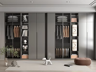 Modern Wardrobe Interior With Hanging Clothes Folded Shelves Storage Boxes And Decorative Pieces 3d model