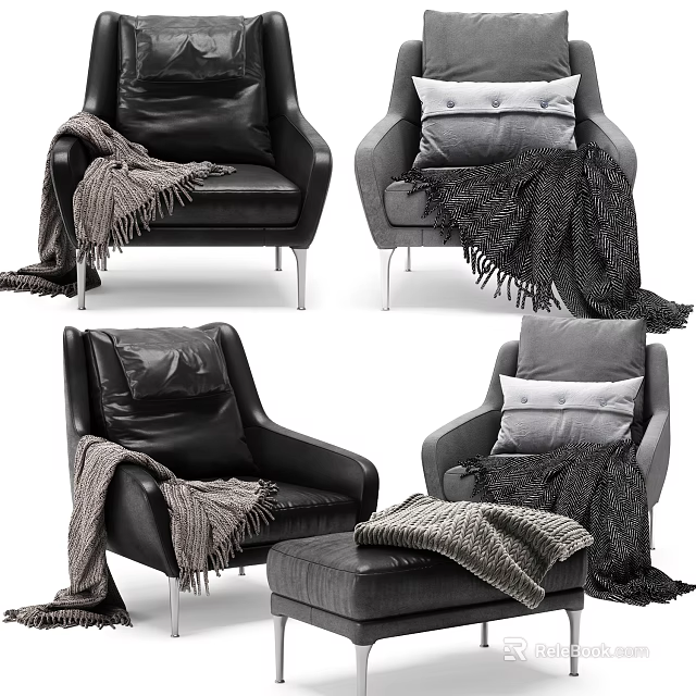 Modern Black And Gray Armchairs With Cozy Blankets And Decorative Pillows 3d model 
