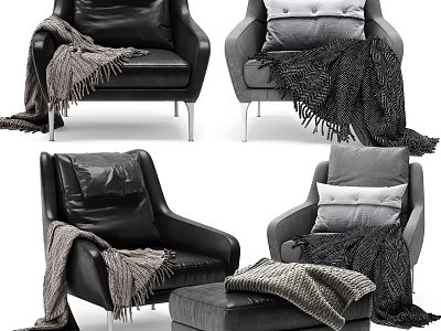 Modern Black And Gray Armchairs With Cozy Blankets And Decorative Pillows 3d model
