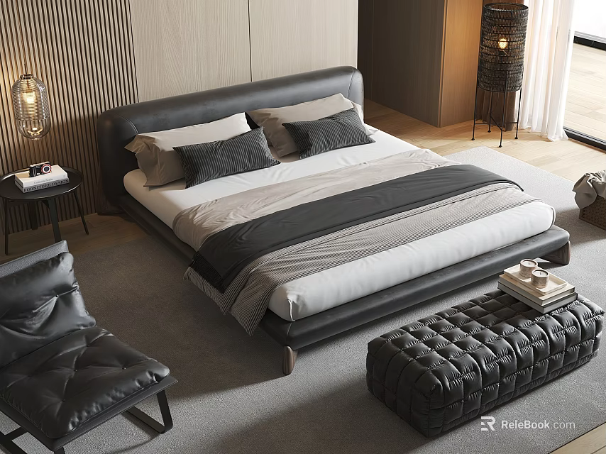 Modern Leather Double Bed With Gray And White Bedding Nightstand Chair And Ottoman 3d model 
