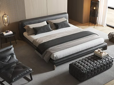 Modern Leather Double Bed With Gray And White Bedding Nightstand Chair And Ottoman 3d model