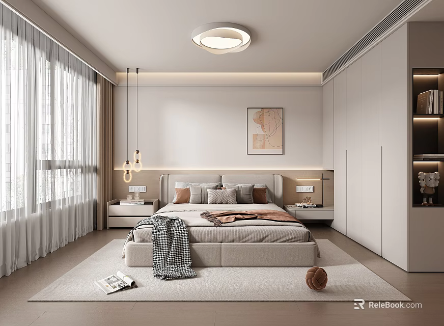 Modern Bedroom Interior With Bed Curtains Nightstands Pendant Lights Artwork Wardrobe And Rug 3d model 