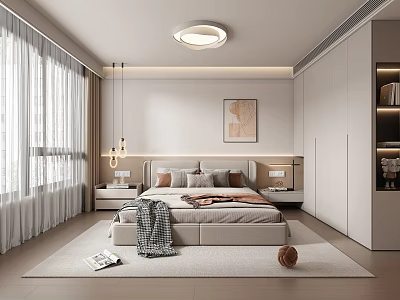 Modern Bedroom Interior With Bed Curtains Nightstands Pendant Lights Artwork Wardrobe And Rug 3d model