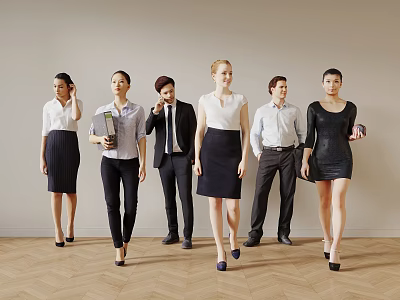 Group of Business Professionals in Formal Attire Walking With Documents and Coffee Cups 3d model