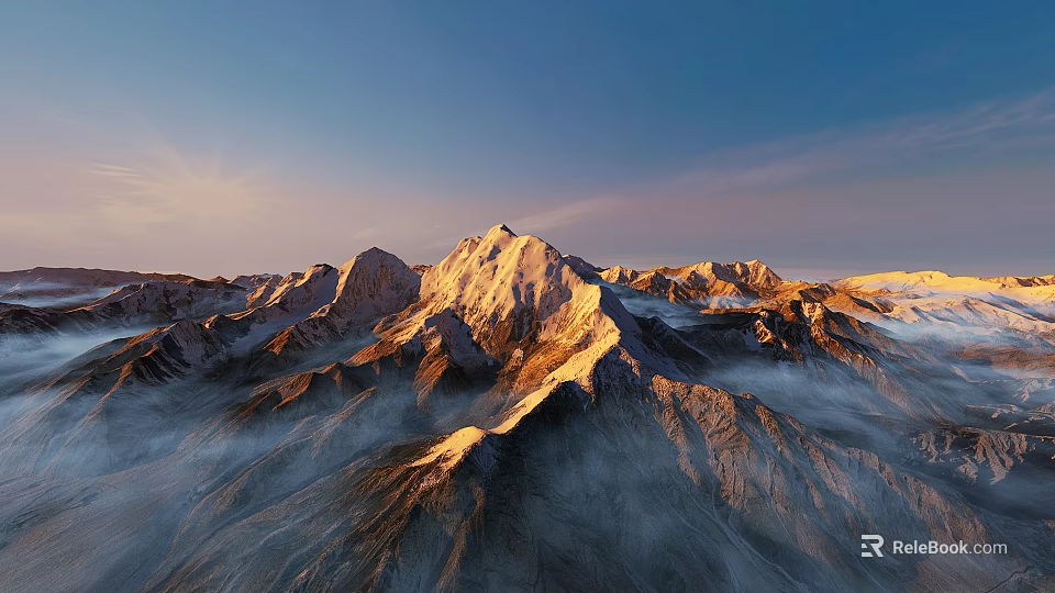 Majestic Snowy Mountain Peaks With Sunrise Light And Misty Valleys In Scenic Range 3d model 