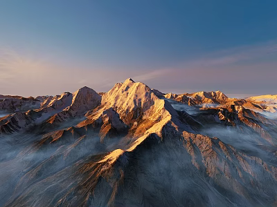 Majestic Snowy Mountain Peaks With Sunrise Light And Misty Valleys In Scenic Range 3d model