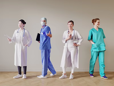 Group of Medical Professionals in Various Uniforms Including White Coats and Scrubs Standing Together 3d model