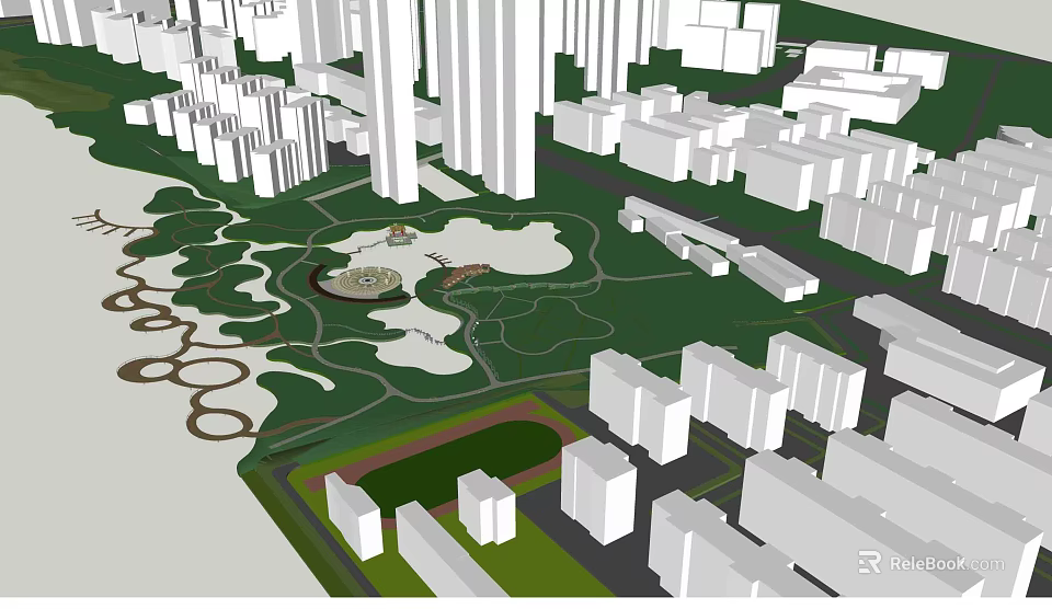 Urban Waterfront Landscape Design With Green Spaces Curved Paths And High Rise Buildings 3d model 