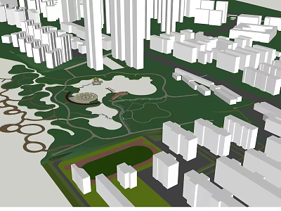 Urban Waterfront Landscape Design With Green Spaces Curved Paths And High Rise Buildings 3d model
