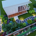Tea Stream Garden Landscape with Pavilion Deer Sculptures Round Lights and Greenery