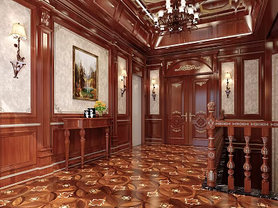 Luxurious Elevator Lobby Interior With Wooden Paneling Chandelier And Patterned Flooring 3d model