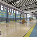 Indoor Basketball Gym Interior With Wooden Floor Yellow Logo Purple Areas And Motivational Wall Slogans
