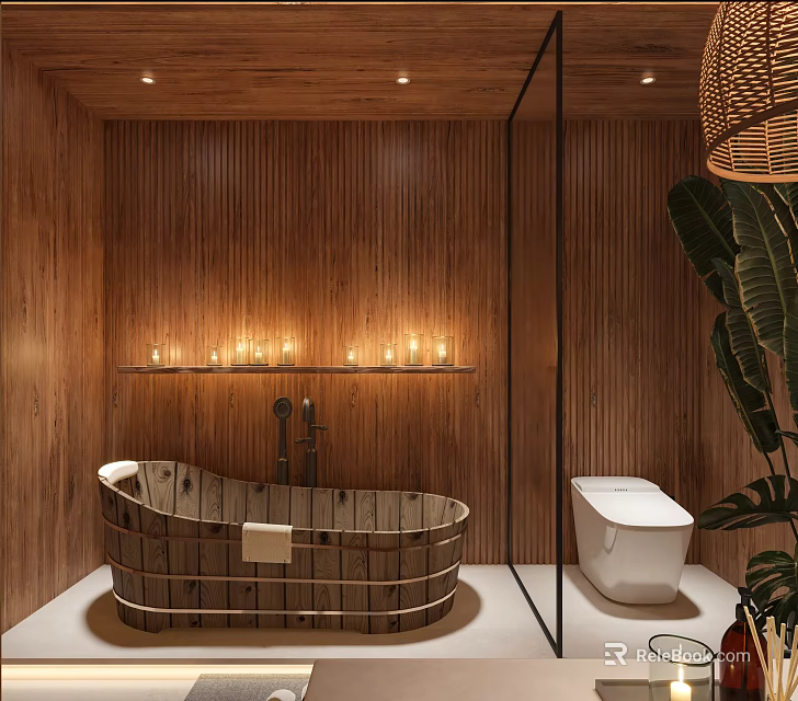 Beauty Hair Salon Relaxing Spa Interior With Wooden Walls Bathtub And Candles 3d model 