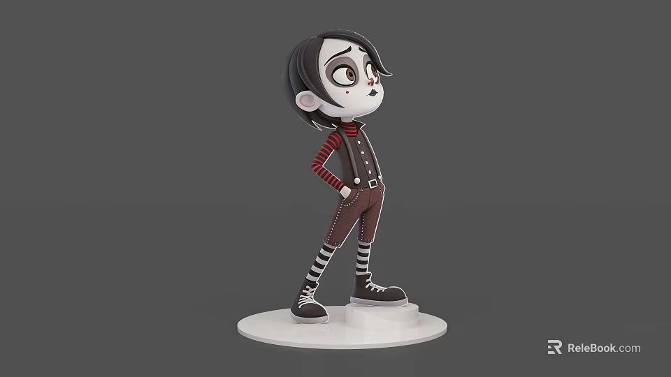 Game Movie Character With Black Short Hair Big Eyes Red Striped Outfit And White Base 3d model 