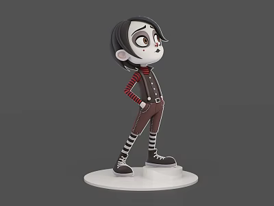 Game Movie Character With Black Short Hair Big Eyes Red Striped Outfit And White Base 3d model