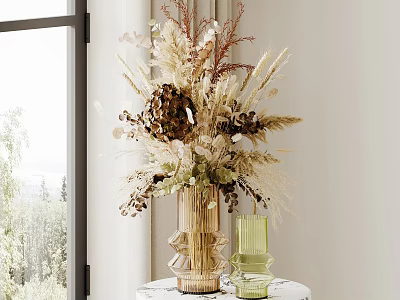 Modern Gold Geometric Vase with Dried Pampas Grass Wheat on Marble Table Near Window 3d model