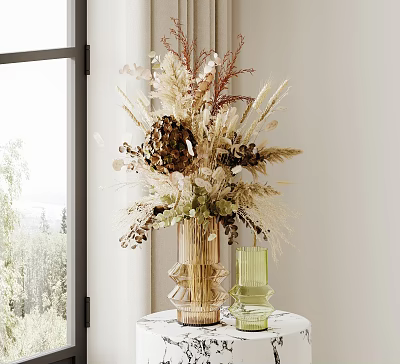 Modern Gold Geometric Vase with Dried Pampas Grass Wheat on Marble Table Near Window 3d model