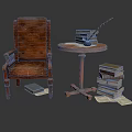Vintage Brown Leather Armchair And Small Round Table With Quill Pen And Stacked Books