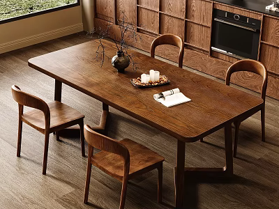 Wooden Dining Table With Four Chairs Vase Dried Branches Candles Tray And Open Book 3d model