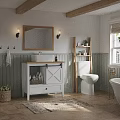 White Barn Door Style Bathroom Vanity With Mirror Wall Sconces And Green Wainscoting