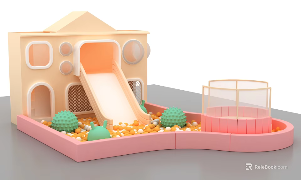 Kids Playground With Playhouse Slide Colorful Balls Green Decorations And Safety Fence 3d model 