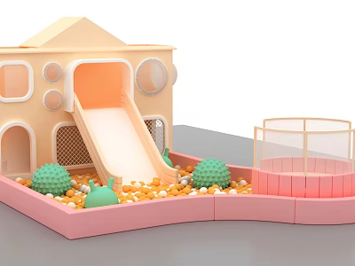 Kids Playground With Playhouse Slide Colorful Balls Green Decorations And Safety Fence 3d model