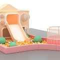 Kids Playground With Playhouse Slide Colorful Balls Green Decorations And Safety Fence
