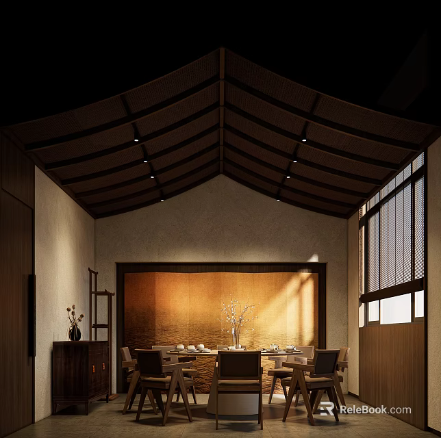 Traditional Chinese Private Dining Box Interior With Arched Wooden Ceiling Dining Table And Lattice Windows 3d model 
