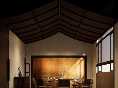 Traditional Chinese Private Dining Box Interior With Arched Wooden Ceiling Dining Table And Lattice Windows 3d model