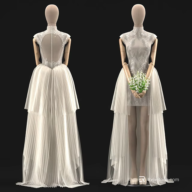 Elegant Sleeveless Lace Wedding Dress With Open Back And Layered Tulle Skirt 3d model 
