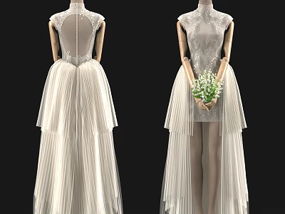 Elegant Sleeveless Lace Wedding Dress With Open Back And Layered Tulle Skirt 3d model