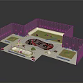 3D Computer Modeled Room Layout With Walls Floors Geometric Shapes And Green Elements
