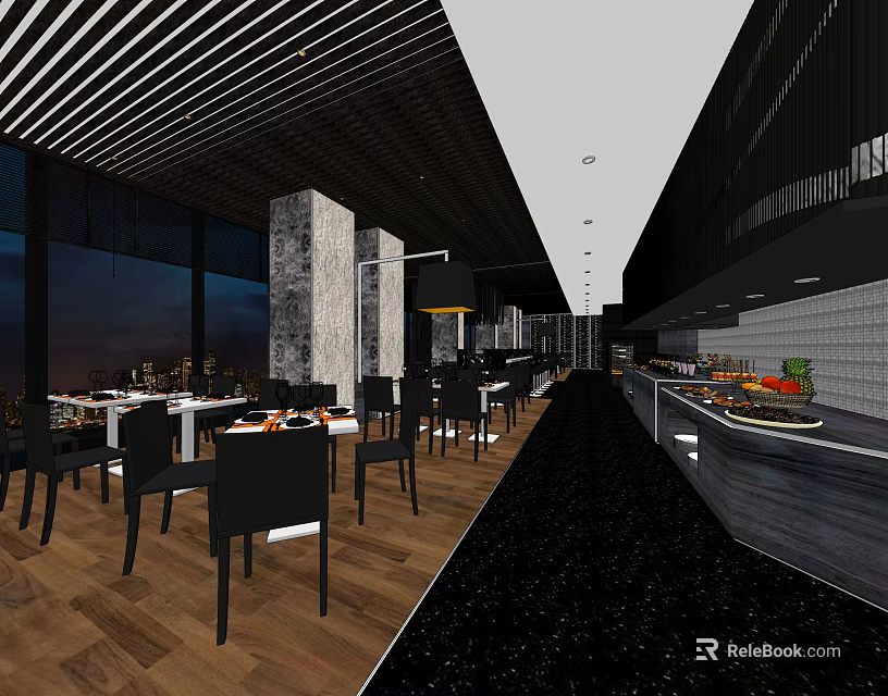Modern Restaurant Interior With Dining Tables Buffet Counter City View Windows And Striped Ceiling 3d model 
