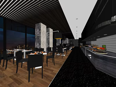 Modern Restaurant Interior With Dining Tables Buffet Counter City View Windows And Striped Ceiling 3d model