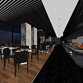 Modern Restaurant Interior With Dining Tables Buffet Counter City View Windows And Striped Ceiling